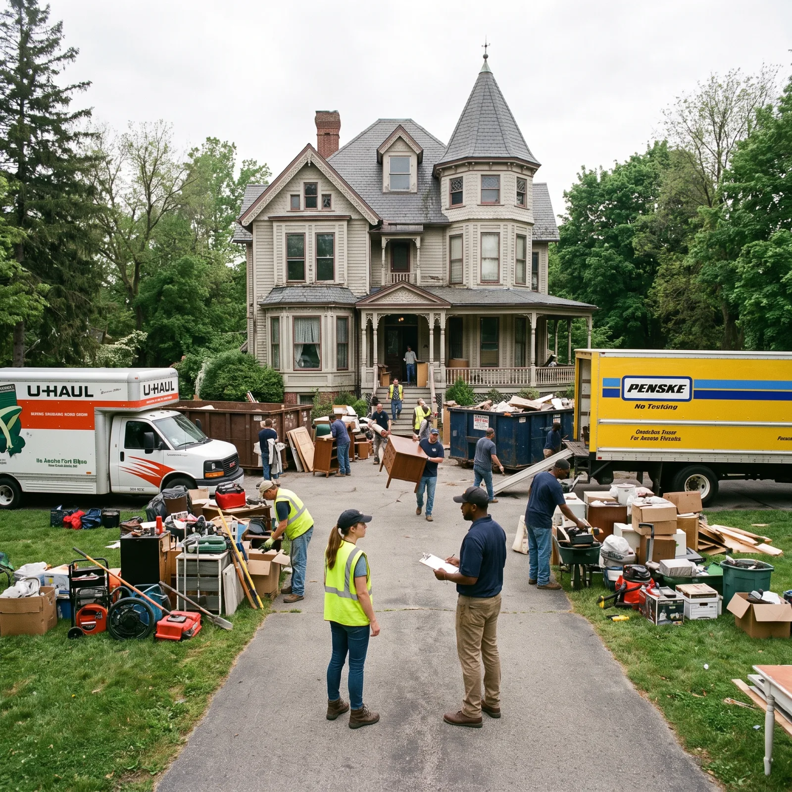 Two-crew team coordinating a large property cleanout with multiple moving trucks